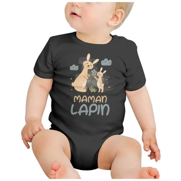 Body Bébé Manche Courte Noir Maman Lapin et son Bébé Dessin Illustration-1
