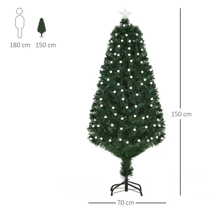 HOMCOM Sapin de Noël Artificiel Lumineux 150H cm Fibre Optique LED 170 Ampoules Multicolores 170 Branches étoile Sommet-3