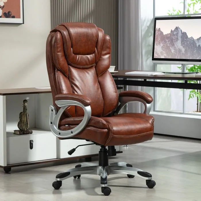 Chaise de bureau - HOMCOM - avec fonction bascule, dossier haut, roulettes pivotantes 360°, hauteur réglable - marron-1