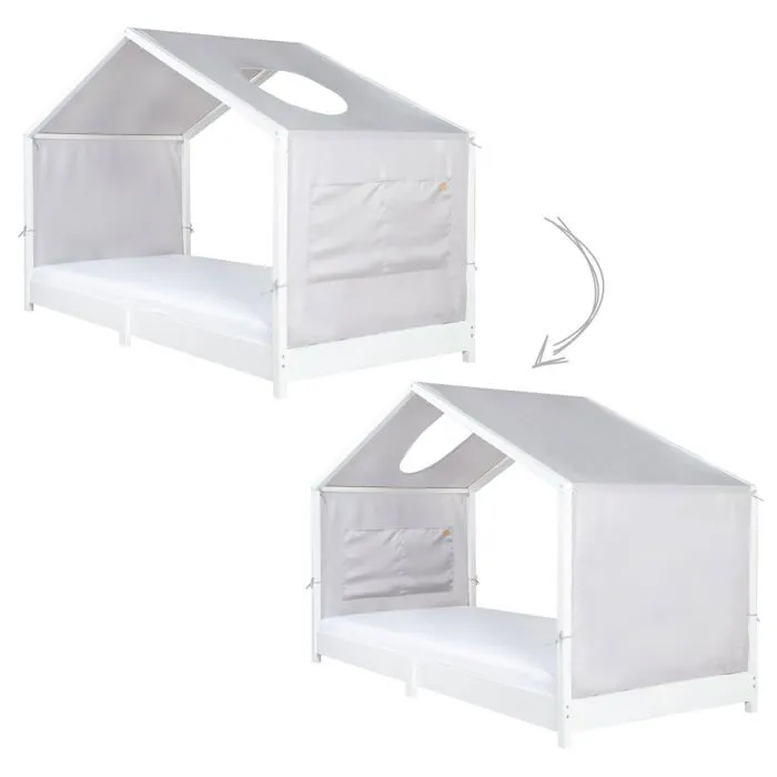 Toile de Lit Cabane Montessori 70x140 - ROBA - avec 2 Poches de Rangement et Fenêtre de Toit - Gris Clair-1