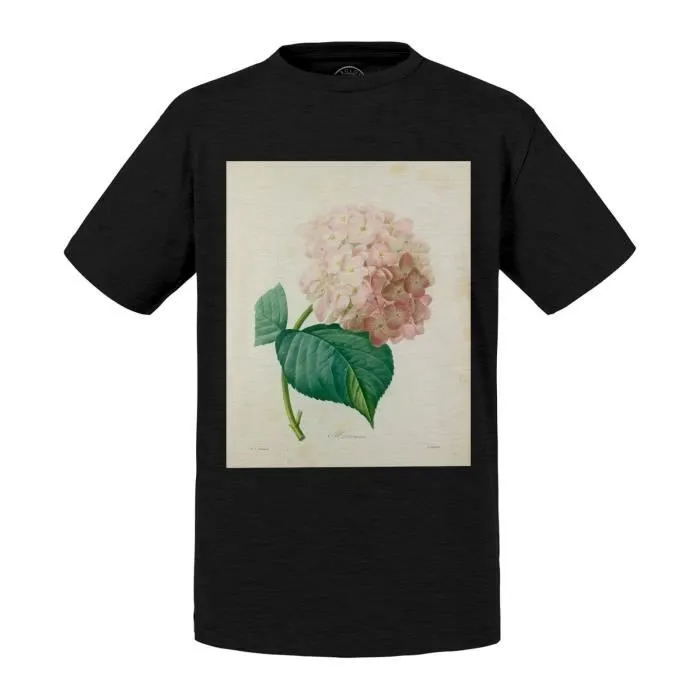 T-shirt Enfant Noir Hortensia Planche Illustration Botanique Ancienne Fleurs-0