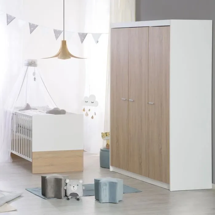 Chambre bébé complète - Lit évolutif 70 X 140 cm + Commode à langer + Armoire 3 portes - ROBA - Bicolore blanc / décor chêne clair-0