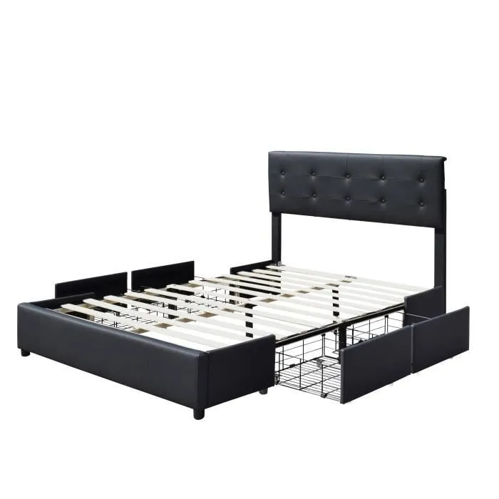 chloe - Solide et Confortable Lit 120x190 avec Sommier avec 4 tiroirs Tete de lit Couleur NOIR Pieds en 4 cm - 2 x-0