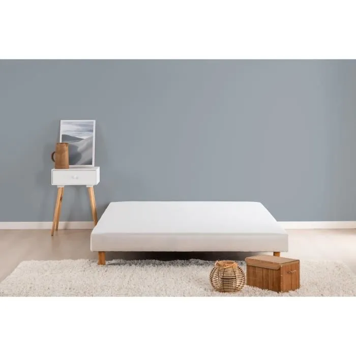 Sommier tapissier à lattes 140 x 190 cm - Bois massif blanc + Pieds - DEKO DREAM Rakenne-0
