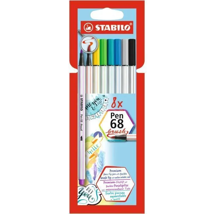 Feutre Pinceau - STABILO - Pen 68 Brush - Pochette de 8 - Pointe Flexible - 19 Couleurs-0