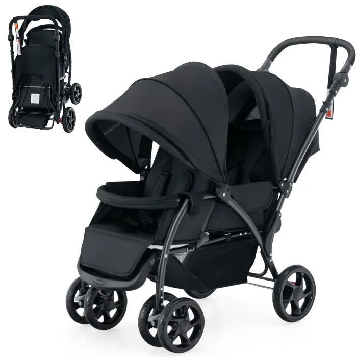 COSTWAY Poussette Jumelle Pliable Double Bébé Auvent Capote Réglable Canne Landau 4 Roues Anti-chocs Harnais à 5 Points-30kg-Noir-0