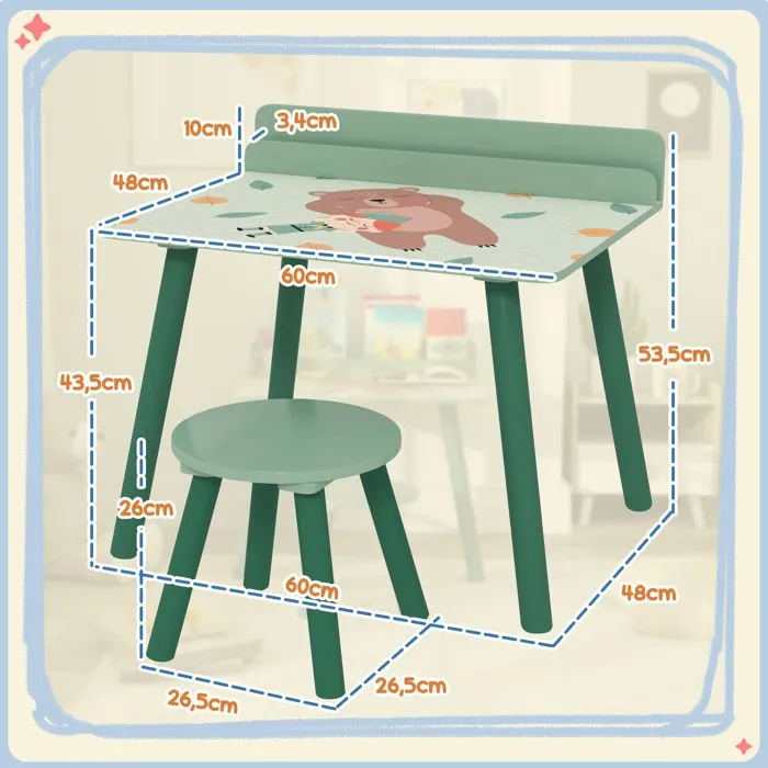Ensemble table et chaise enfant - AIYAPLAY - avec porte-livres - motifs d'ours - pour enfants 3-8 ans - pour chambre, salon - vert-3