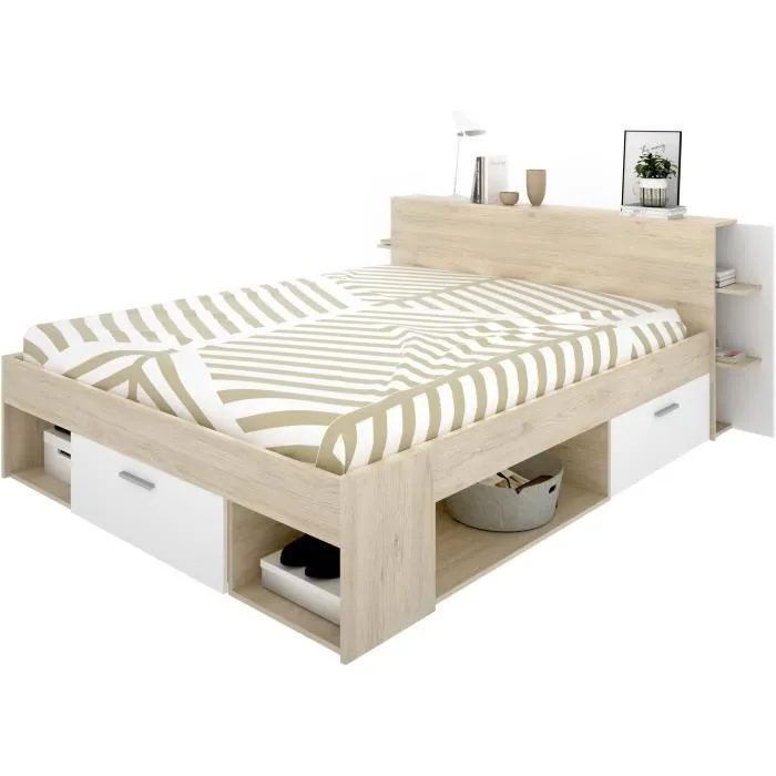 SAX Lit adulte - 140x190 cm - 3 tiroirs + Tête de lit avec rangement - Décor chêne et blanc-0