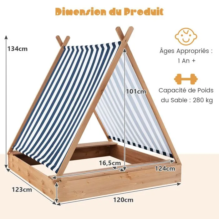 COSTWAY Bac à Sable Enfant Exterieur en Sapin avec Toit pour Protection UV,2 Bancs Intégrés 124 x 123 x 134CM pour Plage, Jardin-3