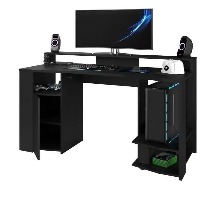 Bureau gaming LED droit - Noir - L 152 x P 61,5 x H 86,7 cm - Grande zone de jeu - GAMING-6