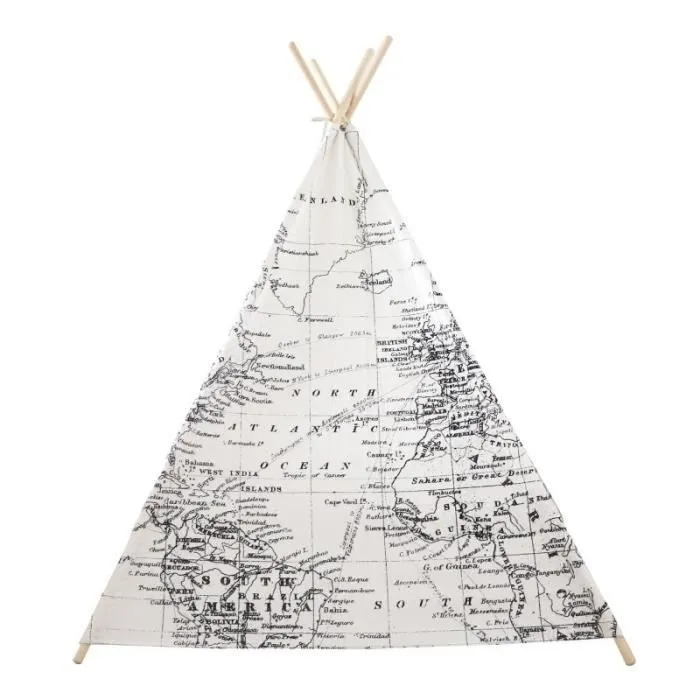 Tente Tipi pour Enfants SUNNY - Carte du monde en noir et blanc - 120x120 cm-3