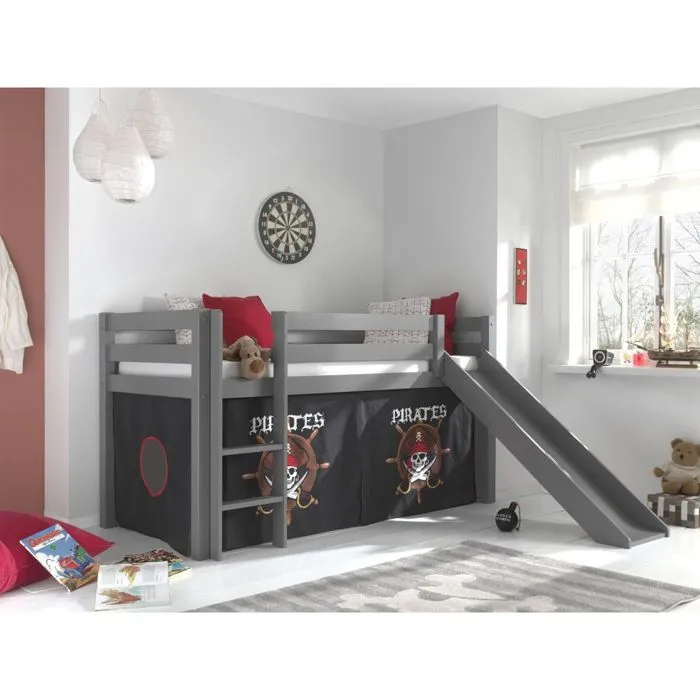 Lit mi-hauteur Astrid gris avec toboggan et tente pirates - Vipack-1