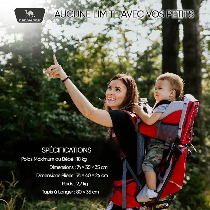 DROMADER Porte Bébé Randonnée - Confortable jusqu'à 22kg - Sac à Dos avec Poche Isolante, Pare-Soleil & Pluie - Rouge-1