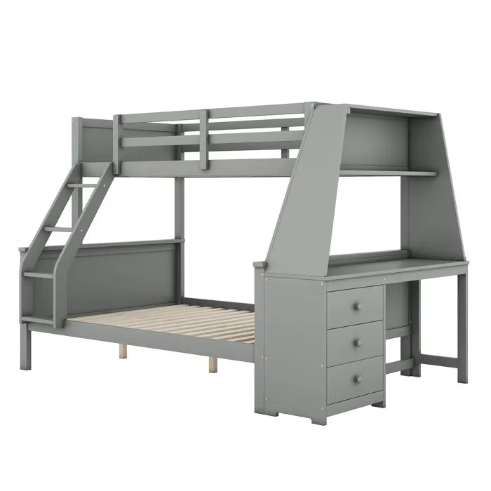 MODERNLUXE Lit superposé 90x200cm+140x200cm, lit enfant, avec table, grand rangement, garde-corps hauts, gris-2