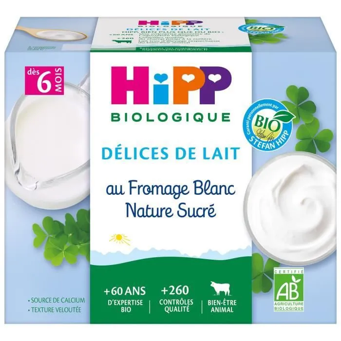 Hipp Bio Délices de Lait Fromage Blanc Nature Sucré +6m 4 x 100g-0