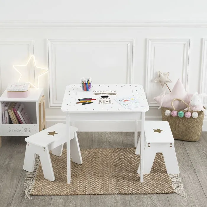 Table bac enfant + 2 tabourets - Blanc et doré - ATMOSPHERA - L 57 x P 57 x H 51 cm - Enfant - Bois MDF-5