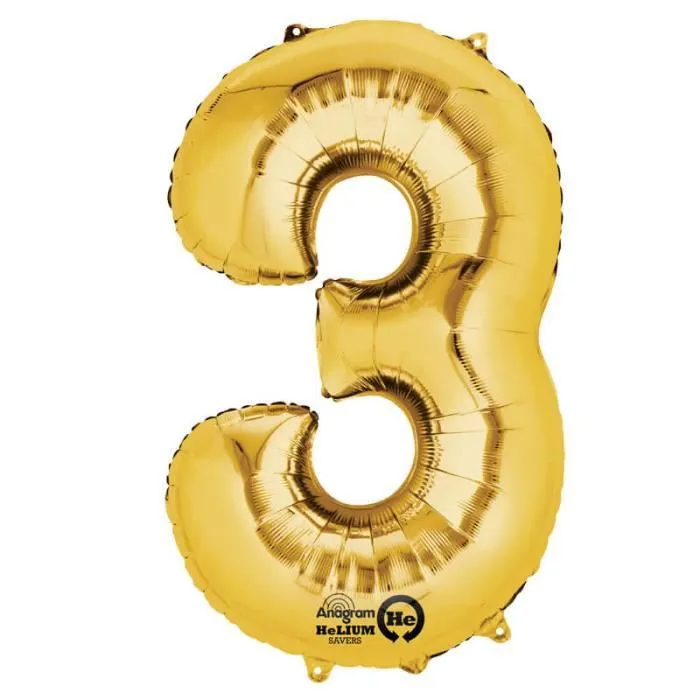 Ballon à Air - Chiffre '3' - Or - Métallisé - Facile à gonfler - Décoration de fête-0