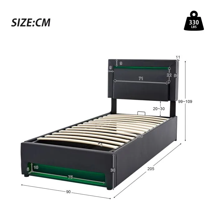 Lit coffre - Noir - 90x200 cm - Similicuir - LED - Ports de recharge USB-5