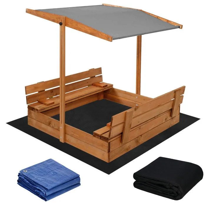 Bac à Sable - Springos - 120 x 120 cm - Bois Massif - Bancs Pliables - Toit Réglable-0