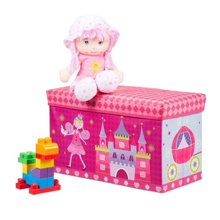 Relaxdays Tabouret Coffre à jouets boîte à jouets couvercle pouf enfant pliable princesse rangement fille 50L, rose-0
