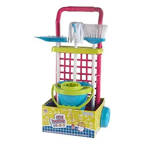 COLORBABY 40594 Jeu d'imitation Chariot de Nettoyage avec Seau, Balai, ramassette et serpillière. Seau Bleu Rouge 43282-1