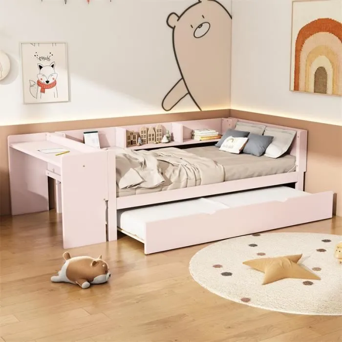 Lit gigogne 90x200cm+90x180cm, avec petit bureau, trois étagères sur le côté du lit, rose-0