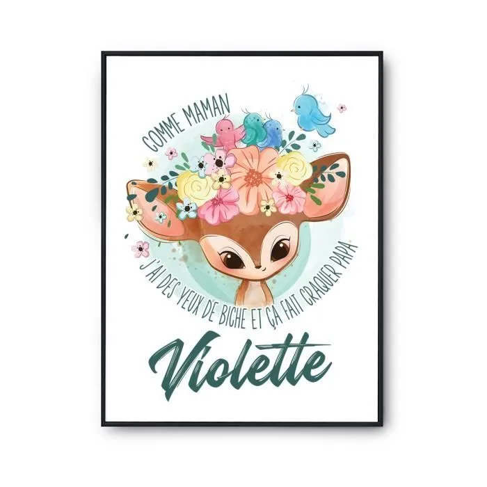 Affiche prénom Violette Biche | Poster pour chambre bébé et enfant pour décoration murale qualité papier Premium A3-0