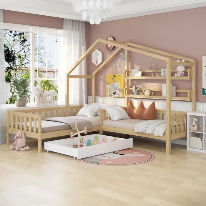 Lit cabane enfant - Bois massif - 90x200cm et 140x70cm - Avec barrière de protection et rangement - Naturel-0