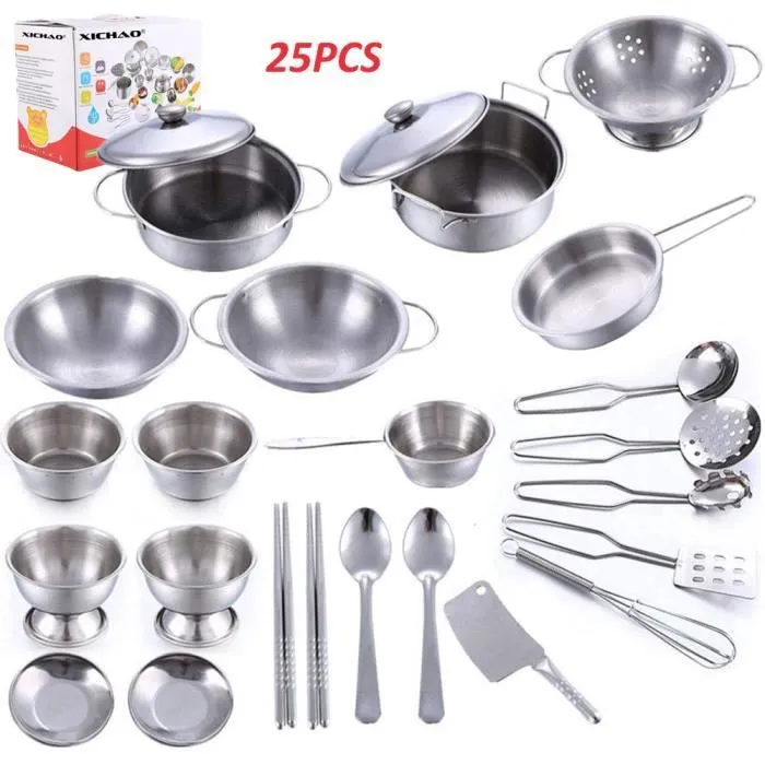 25pcs Dînette Enfant Ustensiles de Cuisine Jouet en Acier Inoxydable Robuste-0