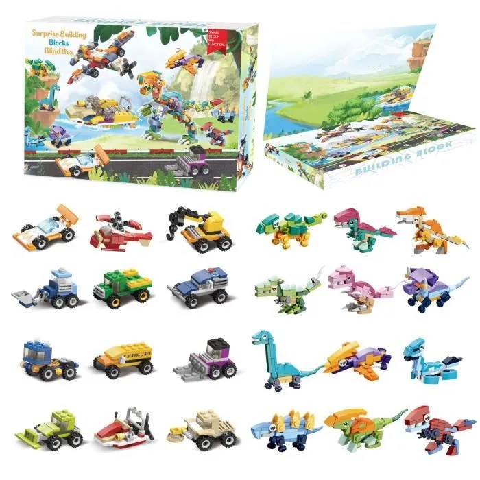 Calendrier de L'Avent Enfant Jeux de Construction,24 Jouets Animaux Dinosaure en Briques Jouets de Voiture Compte à rebours de Noël-0