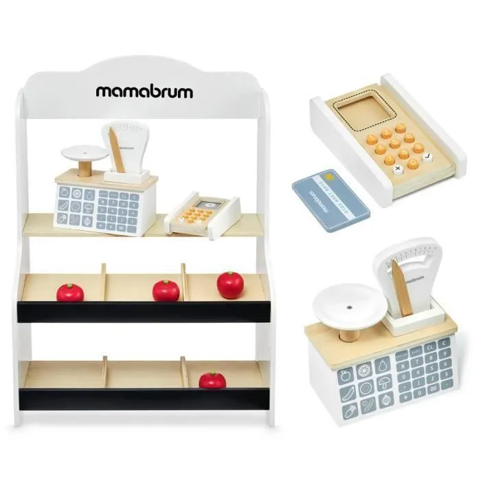 Mamabrum Marchande Enfant en bois 67 *46,5 *22 cm - Stand Vendeur Balance, Terminal avec Carte & 4 Pommes - Couleurs Ecologiques-0