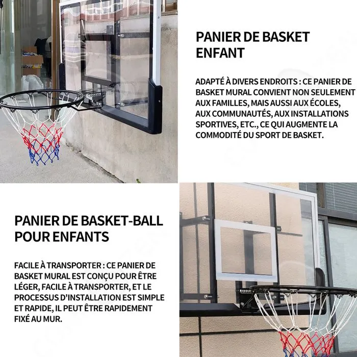 C Panier de basket 112x72 cm taille du panneau de basket montage mural panneau de basket suspendu avec vis plaque d'acier PVC noir-3