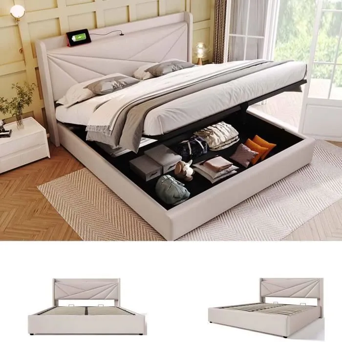ModernLuxe Lit coffre 140x200cm - lit adulte avec port USB + sommier à lattes + tissu en lin - beige-0