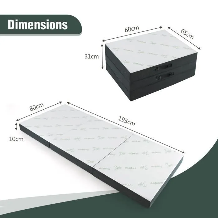 COSTWAY Matelas en Mousse Pliable en 3 Sections 80x193CM Matelas d'appoint Camping avec Poignée/Bande Velcro pour Chambre/Voyage/Gym-3