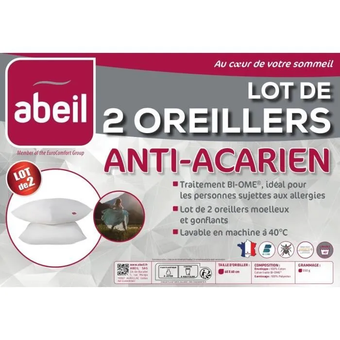 Lot de 2 oreillers anti-acariens - 60 x 60 cm - 100% coton traité Biome® - ABEIL-4