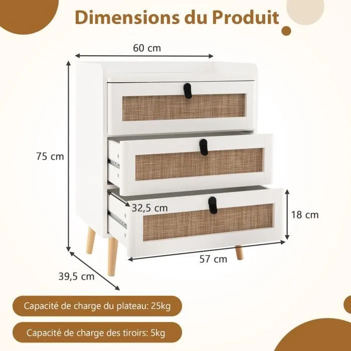 COSTWAY Table de Chevet avec 3 Tiroirs en Rotin, Table d'Appoint Contemporain, pour Chambre, Salon, 60 x 40 x 75 cm cm Blanc-3
