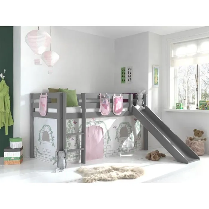 Lit mi-hauteur avec toboggan Astrid - VIPACK - Gris - 90x200 cm - Tente et sacs de rangement inclus-3