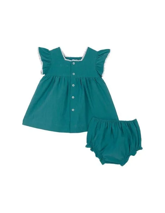 Coffret textile Gocco Vestido Verde Lino Manga Volante, Robe Bebe Fille, Verde Brillante,-1