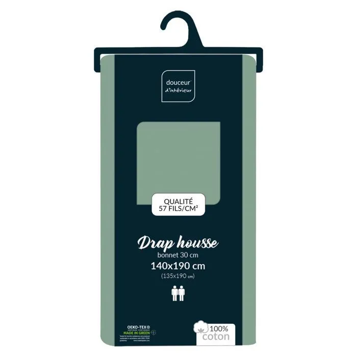 Drap housse 90x190 cm - Bonnet 30 cm - 100% coton - Sauge-5