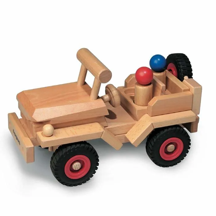 Jouet en bois - Fagus - Jeep - 28 cm - 2 figurines - Roues directrices-0
