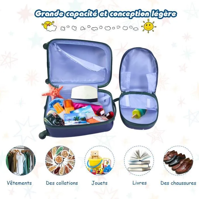 COSTWAY Valise Trolley pour Enfants à Roulettes 16'' + Sac à dos 12'' Ensemble de Bagage en Rose avec Motif Animaux -Garçon Fille-1