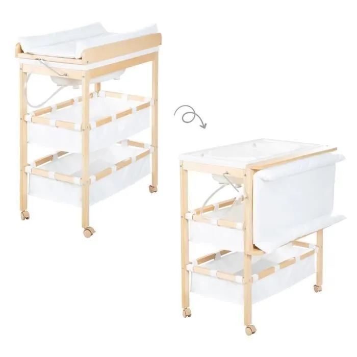 ROBA Table à Langer avec Baignoire Baby Pool en Bois Naturel + Matelas à Langer Hydrofuge et Étagères en tissu - Plan Pivotable-0