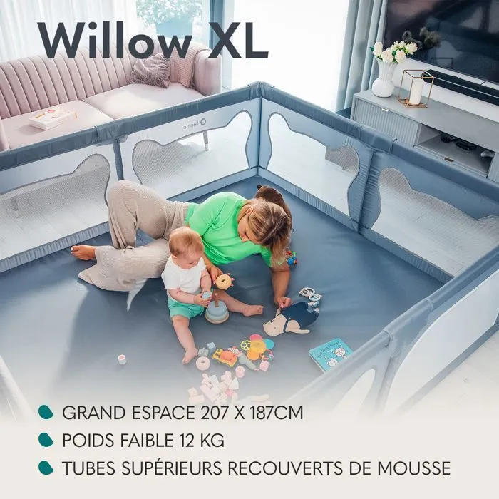 Parc Bébé LIONELO Willow XL - 207x187 cm - Côtés en maille - Grand terrain de jeu de sécurité - Grille de protection - Beige-1