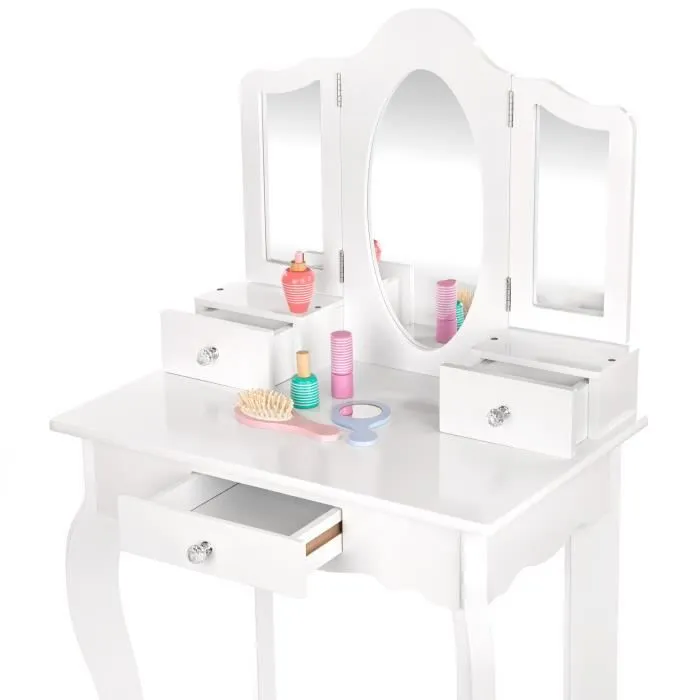 Coiffeuse pour Filles - Kinderplay - Grande avec Miroir et Tabouret - Blanc et Rose - Accessoires Inclus-1