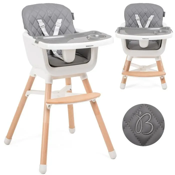 Bebelissimo - Chaise haute bébé 2 en 1 - Evolutive - Réglable - bois de Hêtre - PU cuir - gris foncé -HA-032 - new design-0