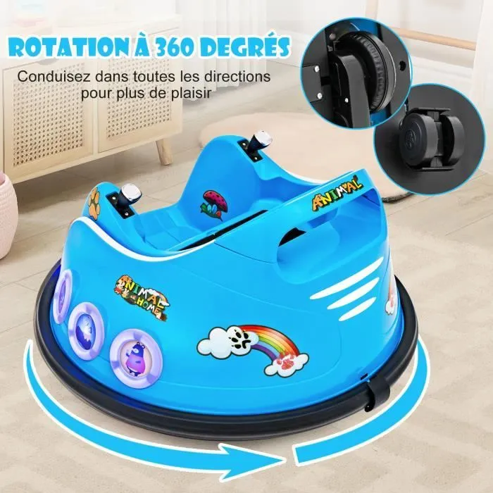 COSTWAY 12V Auto Tamponneuse Electrique 360° pour Enfants, Télécommande 2.4G, avec Lumières Clignotantes & Musique, 3-8 Ans, Bleu-1