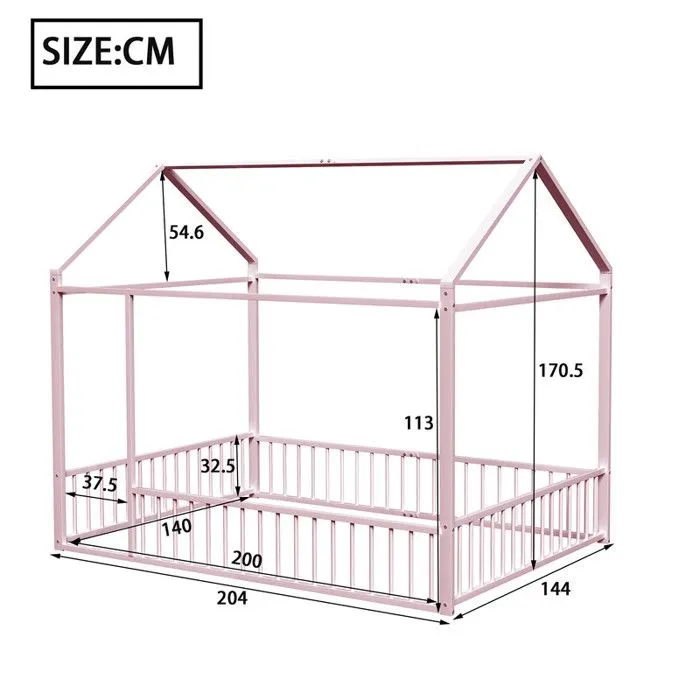 ModernLuxe Lit cabane pour enfant 140x200cm en métal avec barrière - Rose-3