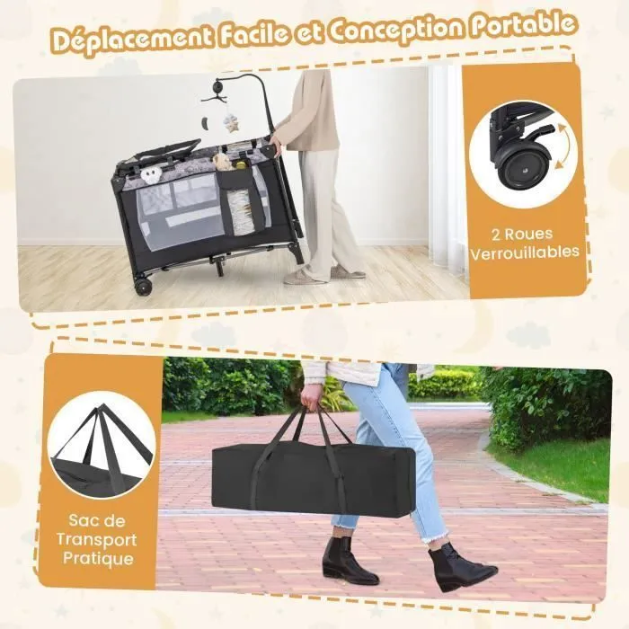COSTWAY Lit Parapluie Bébé Pliant 4 en 1 avec Matelas,Jouets Suspendus,Boîte à Musique,Table à Langer Amovible 0-3 Ans 15KG Gris-2