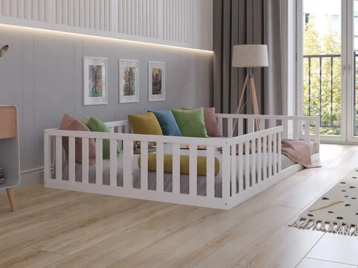 Lit au sol Montessori en bois blanc 120x200 cm, Lit Enfant pour filles et garçons-4