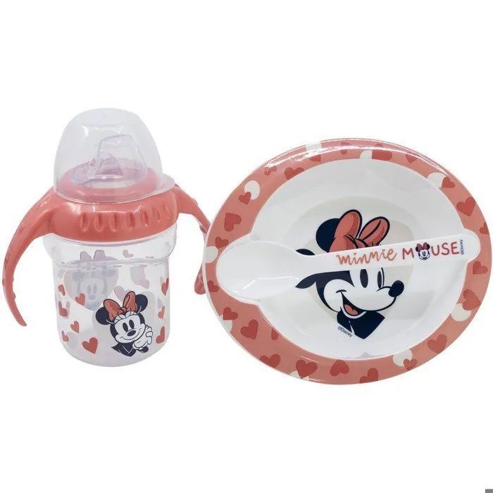 STOR Coffret cadeau Disney Minnie enfant, plastique et silicone sans BPA, biberon bol cuillère, lavable réutilisable-0